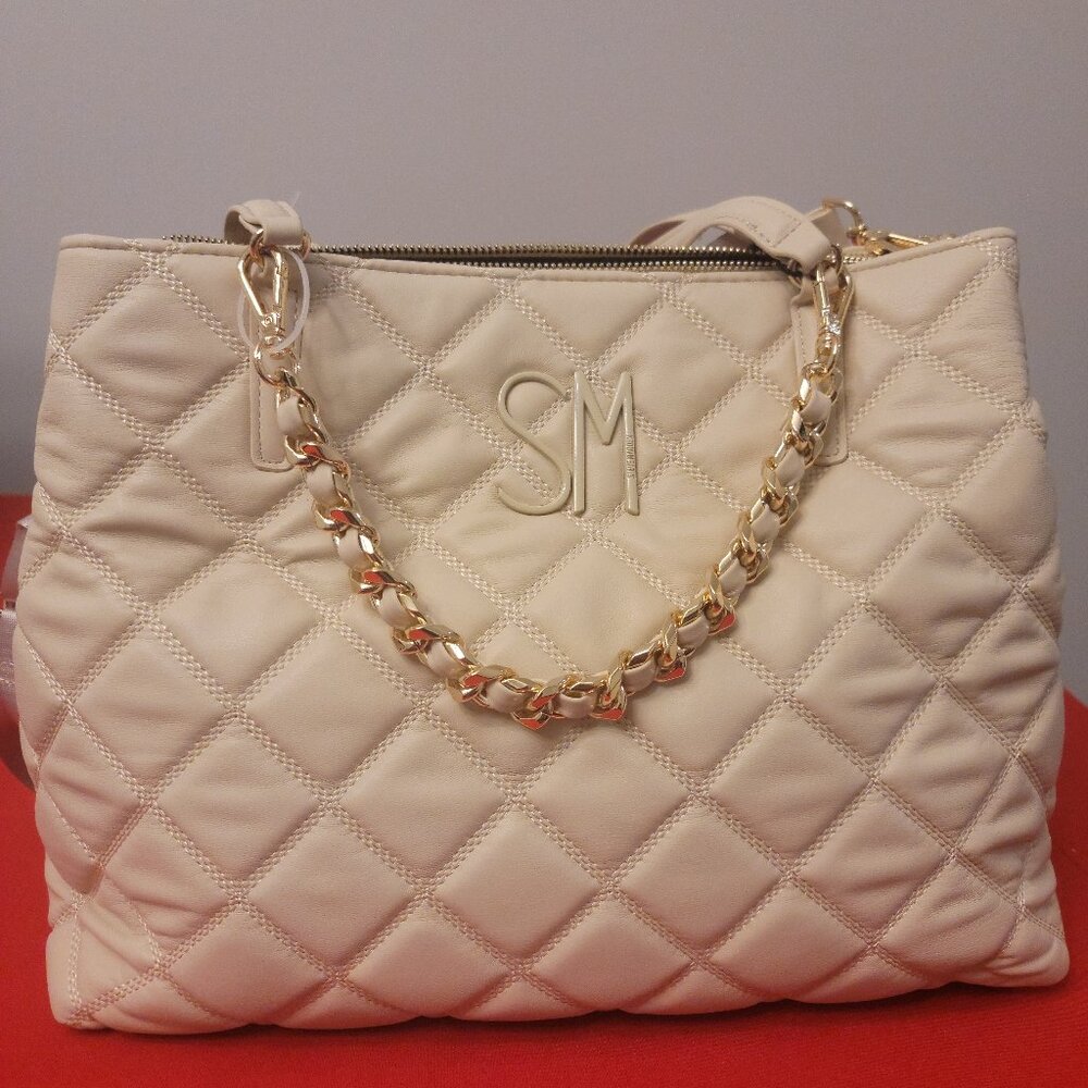 Steve Madden Quilted Beige Handbag with Gold Chain & Monogram